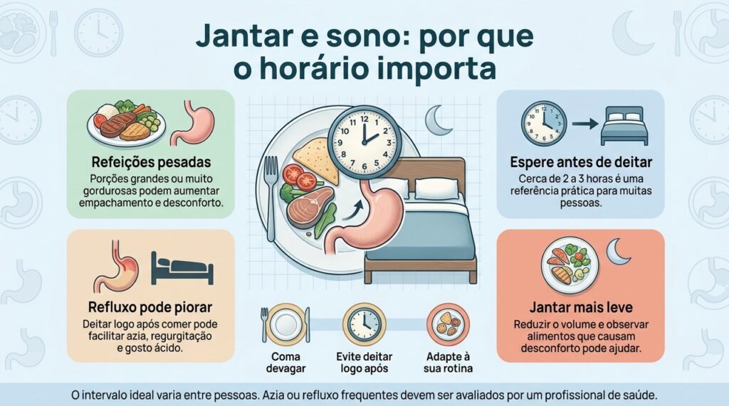 Evitar refeições pesadas e dar tempo para a digestão antes de deitar pode reduzir desconfortos que atrapalham o sono.