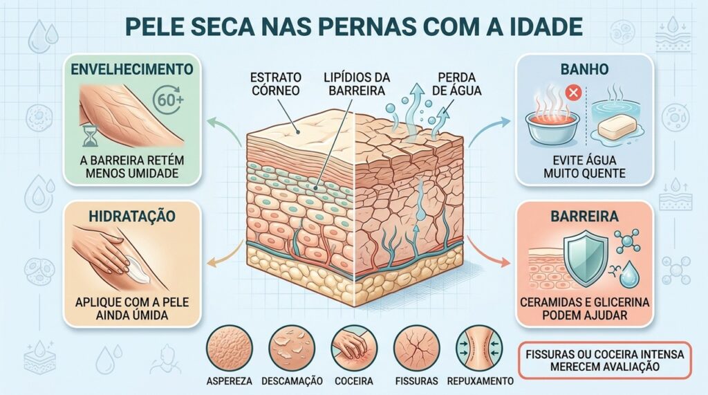 Envelhecimento, banho quente e perda da barreira favorecem ressecamento, coceira e fissuras.