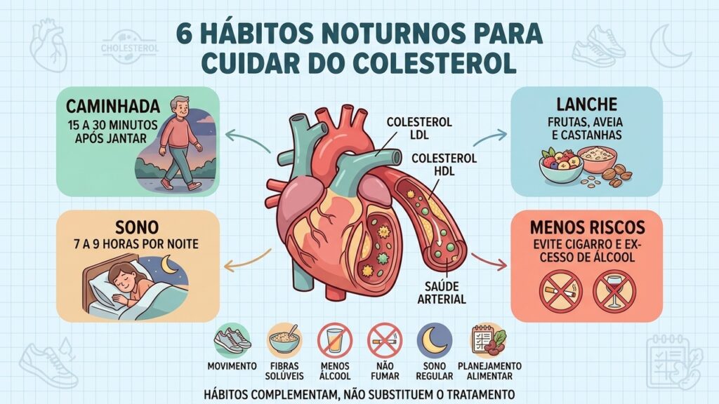 Movimento, fibras, sono adequado e menos álcool e cigarro apoiam o controle gradual do colesterol.