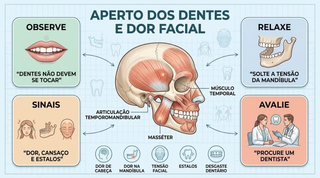 Dor facial, estalos e desgaste dentário podem indicar sobrecarga persistente da mandíbula.