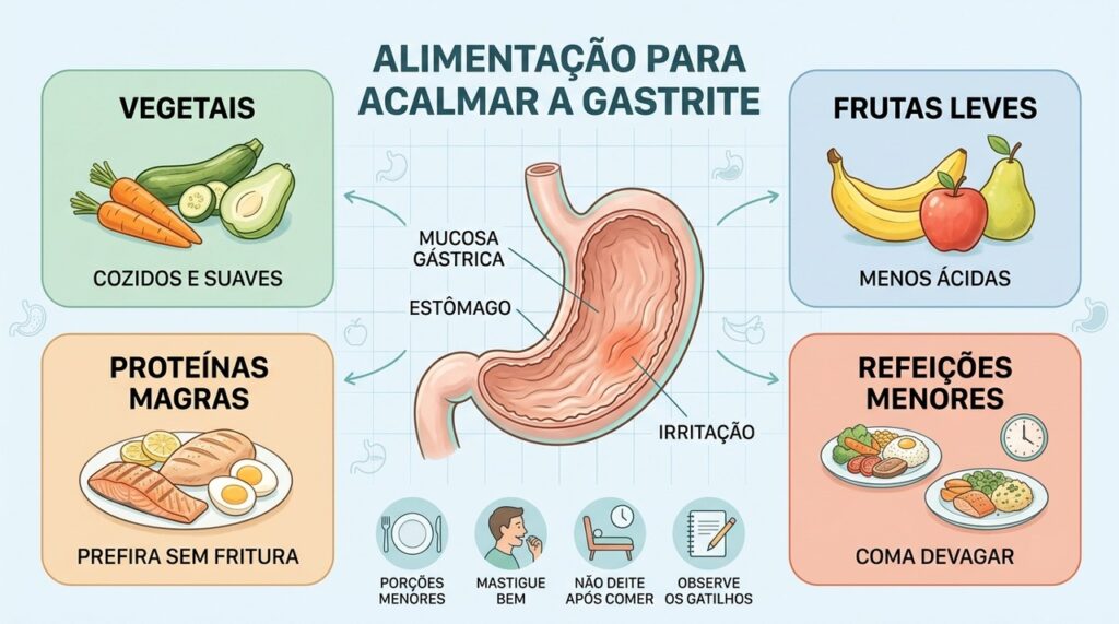 Vegetais cozidos, frutas suaves, proteínas magras e hábitos regulares ajudam a cuidar do estômago.