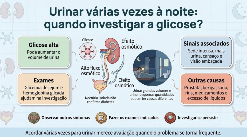A glicose elevada pode aumentar a produção de urina, mas noctúria persistente precisa ser avaliada considerando outras causas.