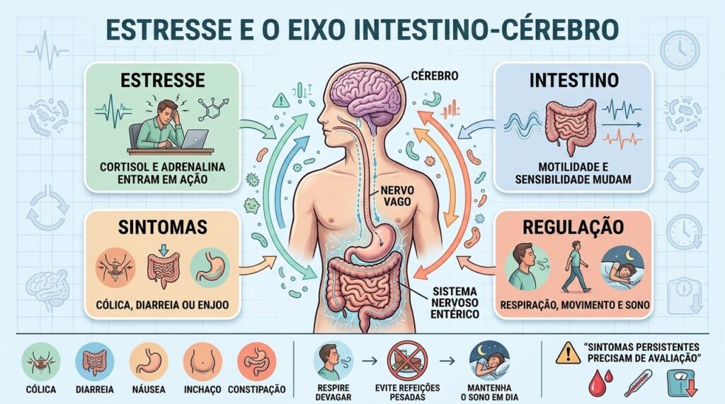 Cérebro, nervo vago e intestino explicam sintomas digestivos desencadeados por momentos de tensão.