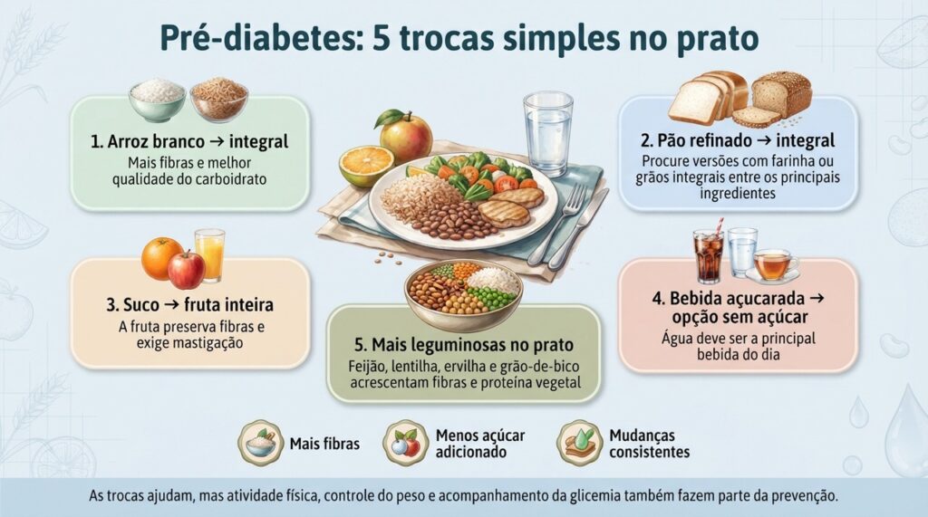 Trocar refinados e bebidas açucaradas por opções com mais fibras e menos açúcar pode fazer parte da prevenção do diabetes tipo 2.