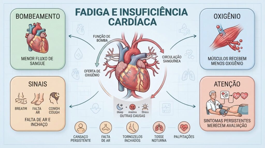 A fadiga associada à insuficiência cardíaca pode acompanhar falta de ar, inchaço e palpitações.