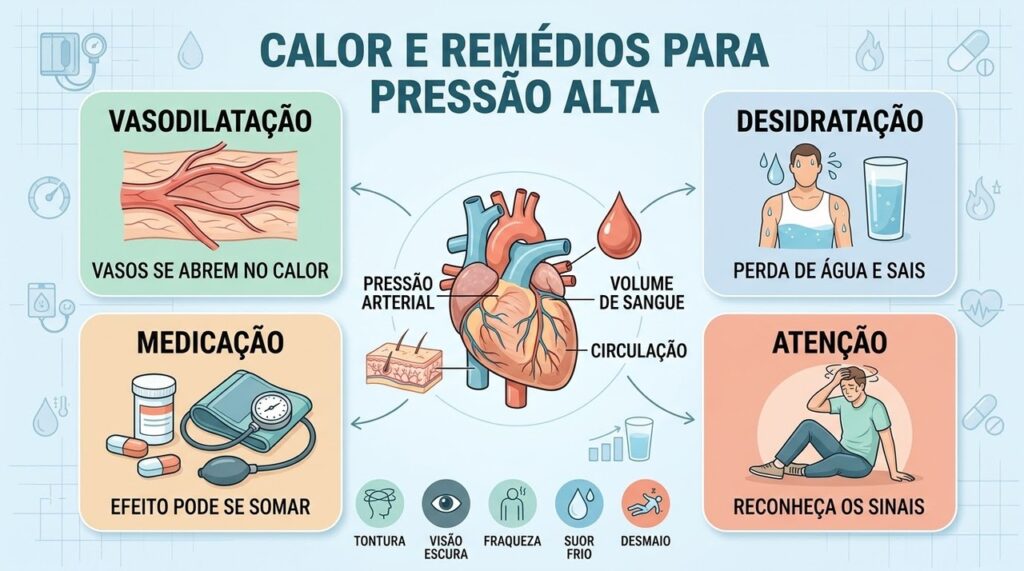 Quatro fatores explicam como calor, desidratação e medicamentos podem derrubar a pressão.