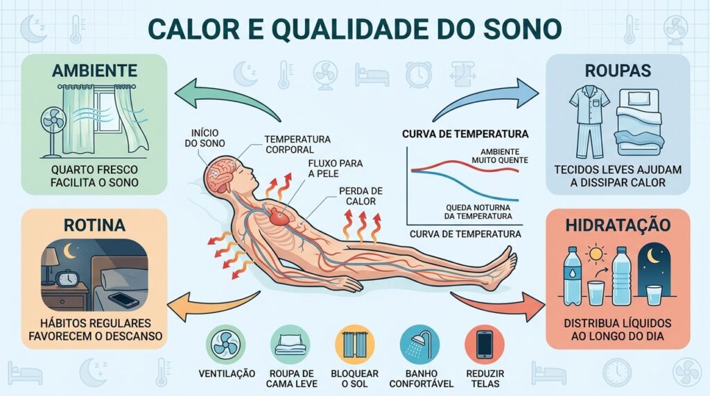Ambiente, roupas, rotina e hidratação ajudam o corpo a regular a temperatura noturna.