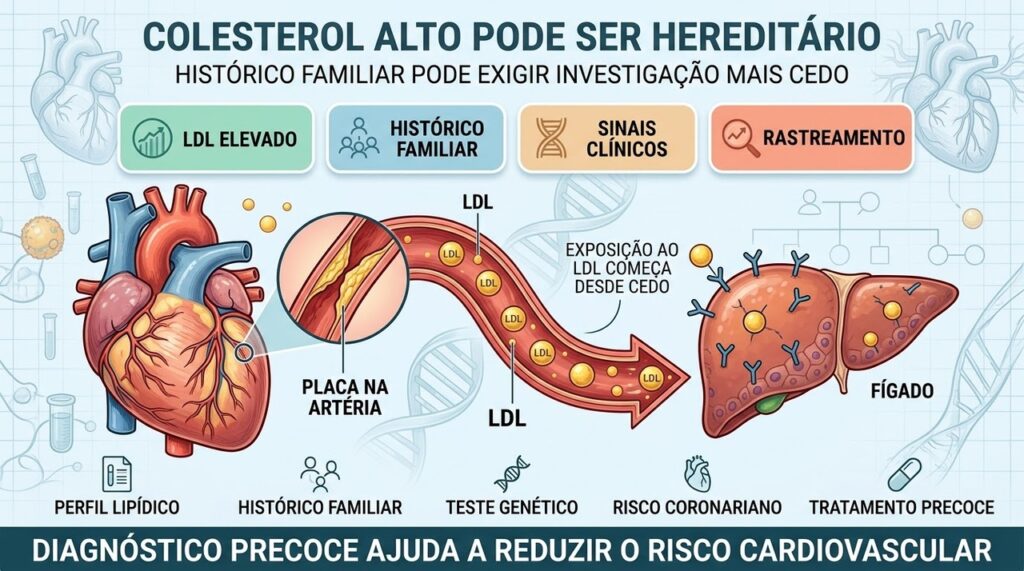 LDL elevado, histórico familiar e sinais clínicos orientam a investigação precoce.