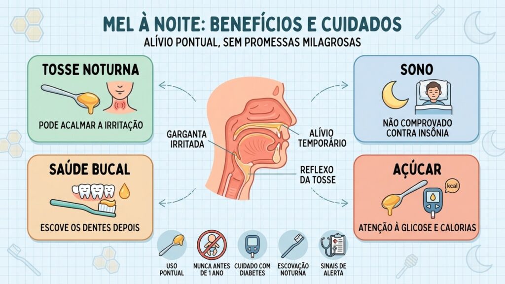 Alívio da tosse, cuidado com os dentes, atenção ao açúcar e proibição para menores de um ano.