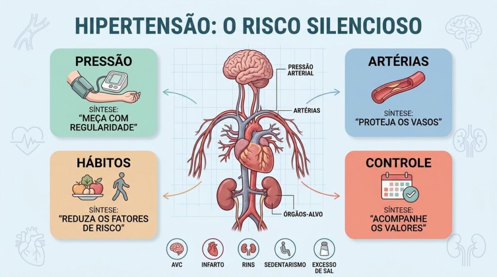 Controle da pressão envolve medição regular, hábitos saudáveis e proteção dos vasos sanguíneos.