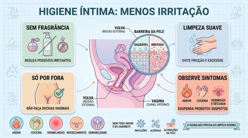 Higiene externa suave e produtos sem fragrância ajudam a reduzir possíveis irritações vulvares.