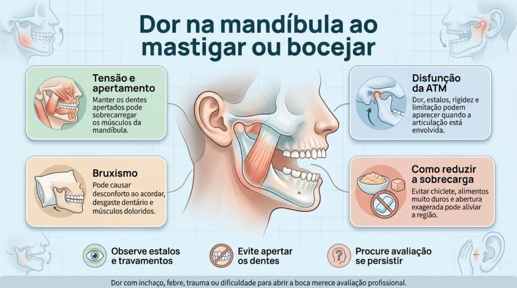 Estalos, rigidez, travamentos e dor perto do ouvido ajudam a indicar quando a ATM ou os músculos da mastigação podem estar envolvidos.