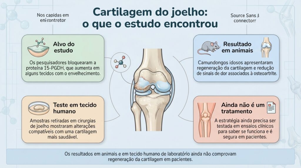 O estudo mostrou resultados promissores em animais e em cartilagem humana no laboratório, mas ainda não há comprovação em pacientes.