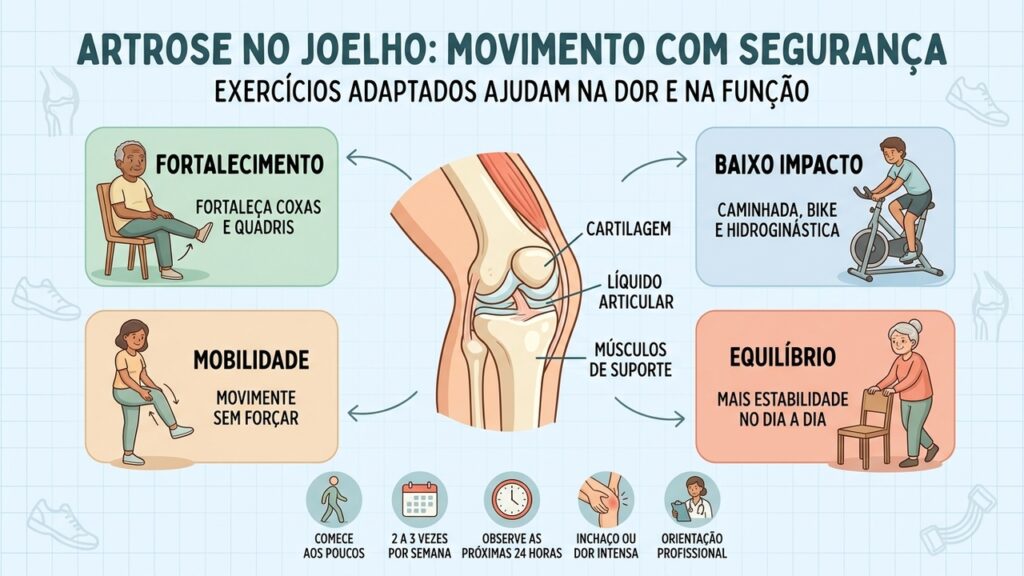 Fortalecimento, baixo impacto, mobilidade e equilíbrio formam uma rotina de exercícios adaptados para o joelho com artrose.