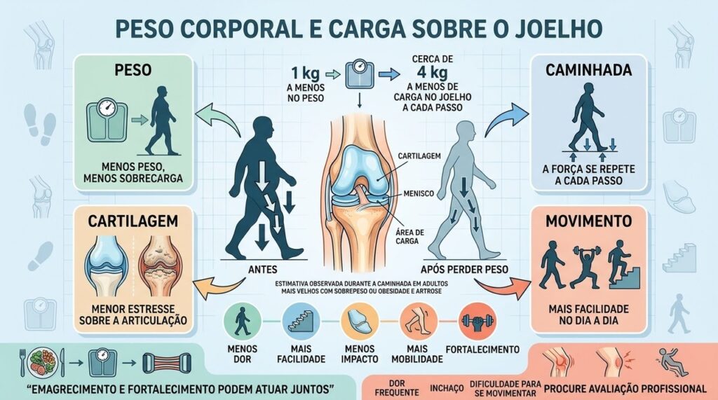 Cada quilo perdido foi associado a cerca de quatro quilos menos no joelho.