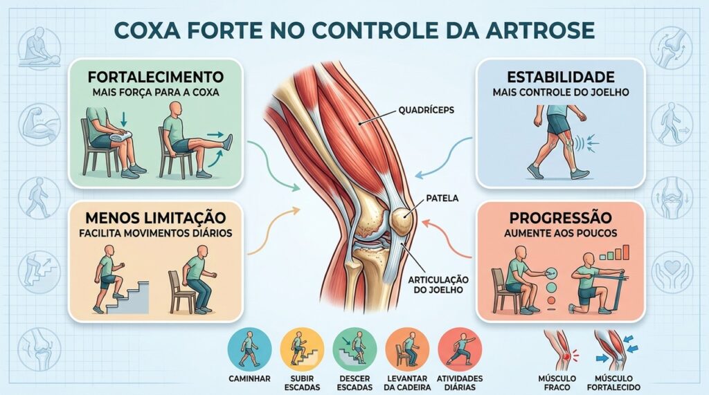Força do quadríceps favorece estabilidade, mobilidade e autonomia mesmo com desgaste da cartilagem.