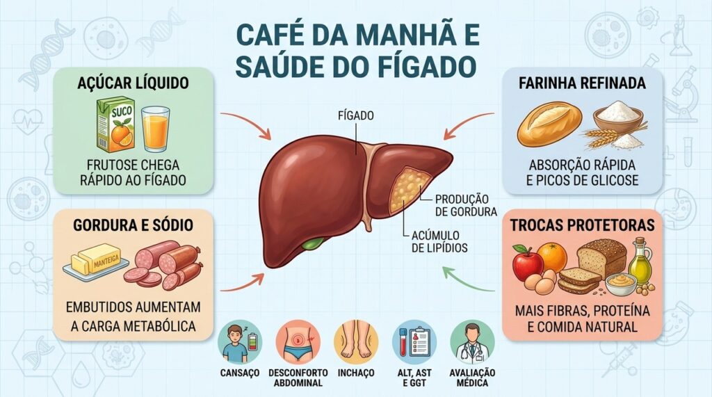 Açúcar, farinha refinada e gordura pesam no fígado; trocas simples reduzem a carga.