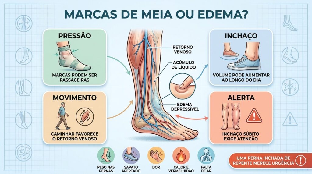 Duração, inchaço e assimetria ajudam a diferenciar marcas comuns de possível edema.