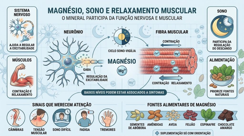 Magnésio participa da regulação nervosa, contração muscular e processos ligados ao sono.