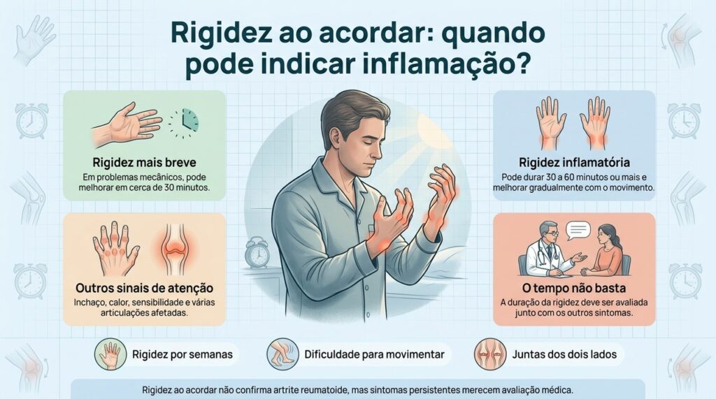 A duração da rigidez e sinais como inchaço, calor e dificuldade funcional ajudam a diferenciar um desconforto passageiro de uma possível inflamação articular.