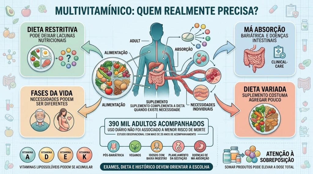 Multivitamínicos fazem mais sentido diante de necessidades nutricionais específicas e bem avaliadas.