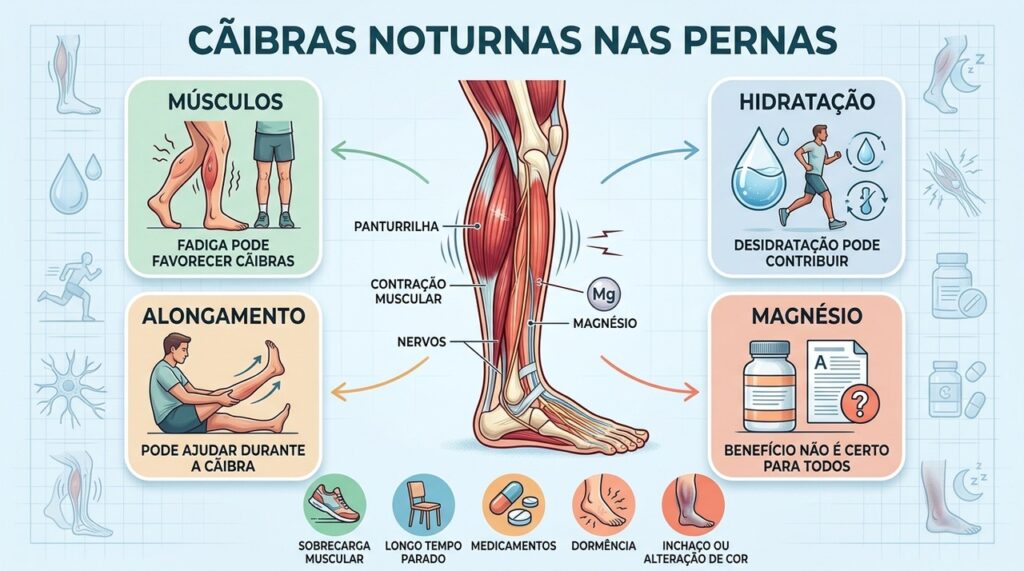 Fadiga, hidratação, alongamento e diferentes causas devem ser considerados nas cãibras noturnas.