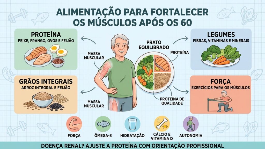 Um prato equilibrado combina proteína, vegetais, grãos integrais, hidratação e exercícios para apoiar a força muscular