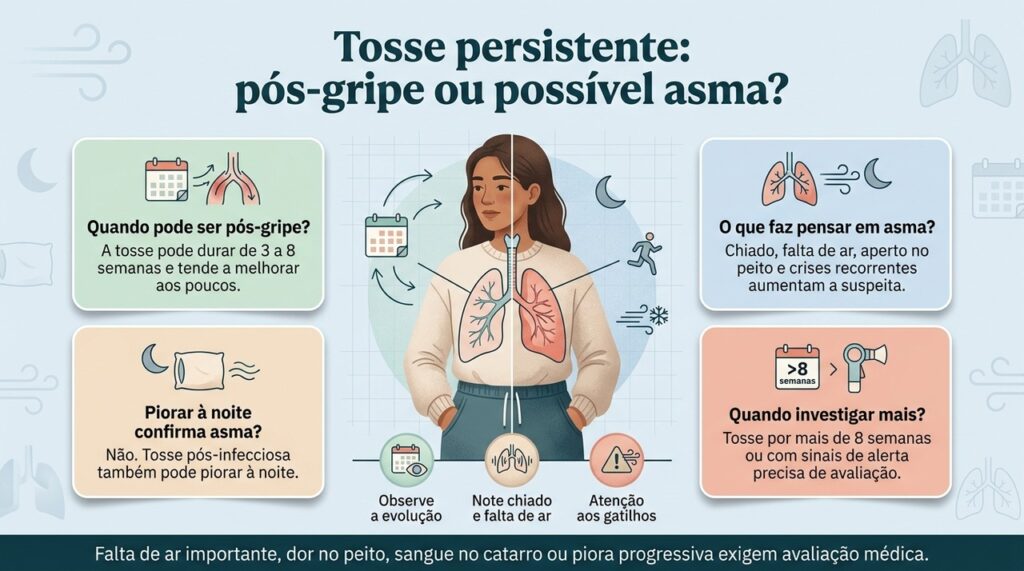 A evolução da tosse e a presença de chiado, falta de ar e gatilhos ajudam a diferenciar recuperação pós-virose de possível asma.