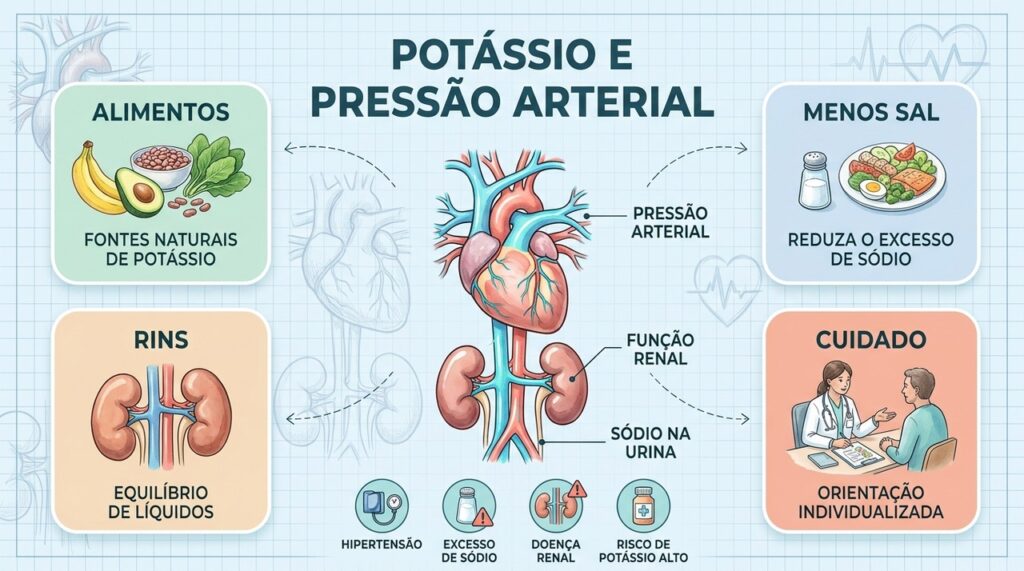 Quatro pontos essenciais: alimentos com potássio, menos sódio, atenção aos rins e orientação profissional.