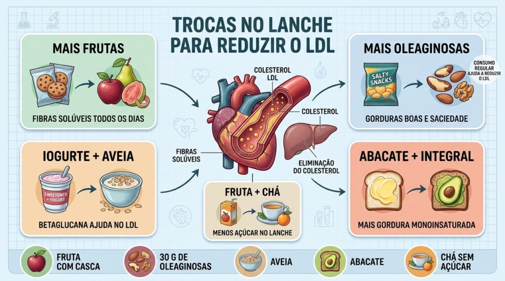 Frutas, oleaginosas, aveia e gorduras insaturadas tornam o lanche mais favorável ao LDL.