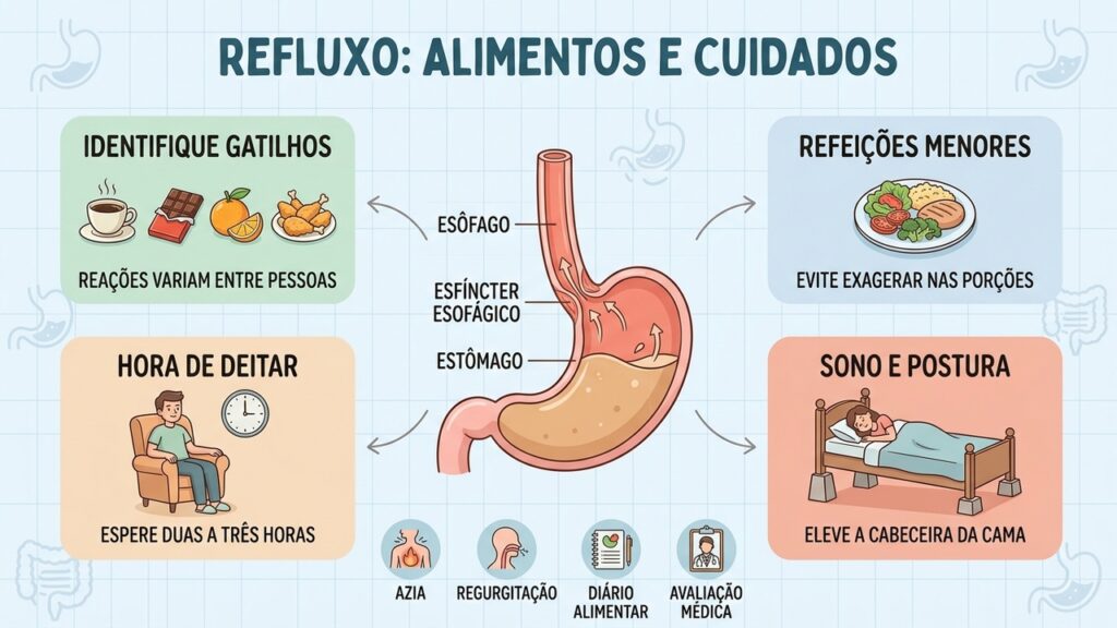 Porções menores, diário alimentar e cabeceira elevada ajudam a reconhecer gatilhos e reduzir sintomas do refluxo.