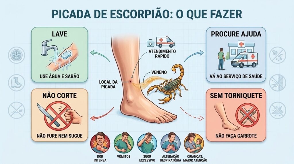 Lavar e buscar atendimento são prioridades; cortes e torniquetes devem ser evitados.