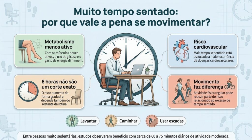 Reduzir o tempo sedentário e distribuir mais movimento ao longo do dia favorece a saúde cardiovascular e metabólica.