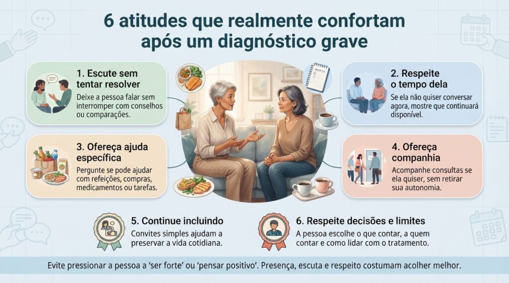 Escuta, ajuda prática, companhia e respeito às escolhas são formas concretas de apoiar alguém após um diagnóstico grave.