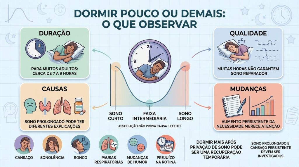 Duração, qualidade, sintomas e mudanças recentes ajudam a interpretar o excesso de sono.