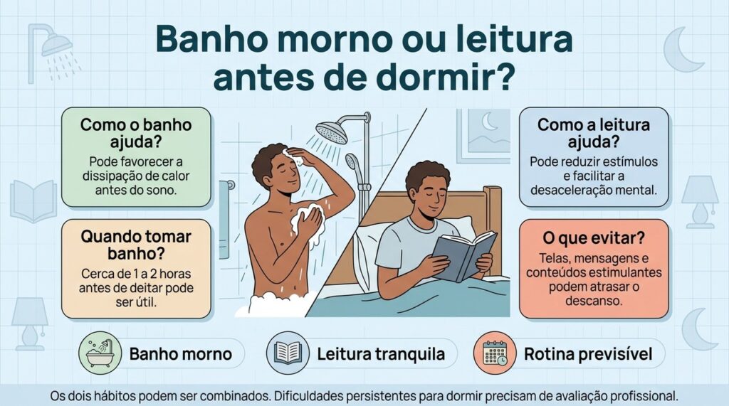 Banho morno e leitura podem fazer parte da mesma rotina noturna para ajudar na transição entre atividade e descanso.