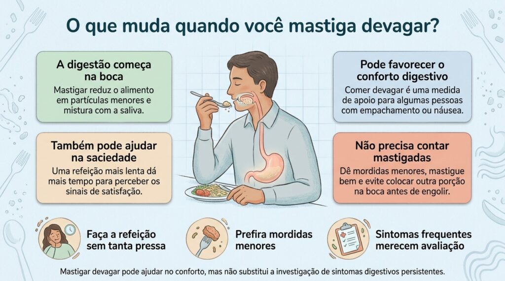 Comer mais devagar pode favorecer a mastigação, a percepção de saciedade e o conforto digestivo, mas não substitui avaliação quando os sintomas persistem.