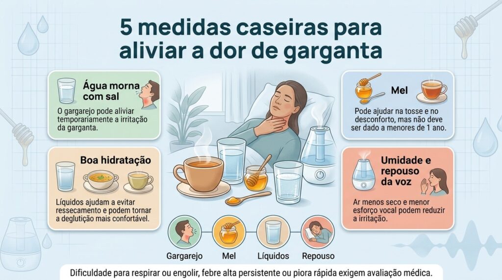 Medidas simples podem aliviar a dor de garganta, mas sinais de alerta indicam a necessidade de avaliação médica.