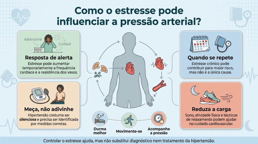 O estresse pode aumentar a pressão temporariamente e, quando persistente, participar do risco cardiovascular junto com outros fatores.