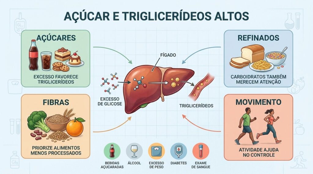 Açúcares, refinados, fibras e atividade física influenciam diretamente o controle dos triglicerídeos.
