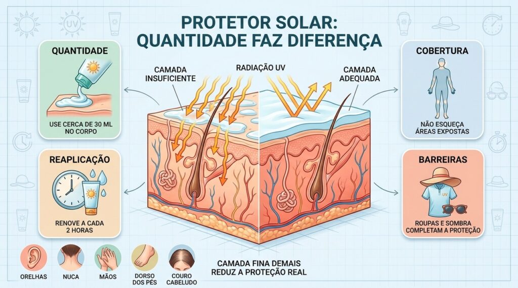Quantidade, cobertura e reaplicação correta ajudam a manter a proteção solar esperada.