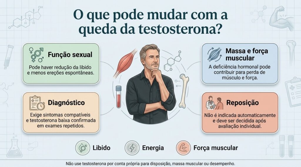 O diagnóstico de baixa testosterona depende da combinação entre sintomas e exames confirmatórios, não apenas da idade.