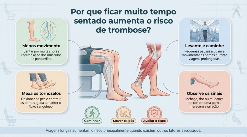Em períodos prolongados sentado, movimentar as pernas ajuda a reduzir a estase do sangue nas veias.