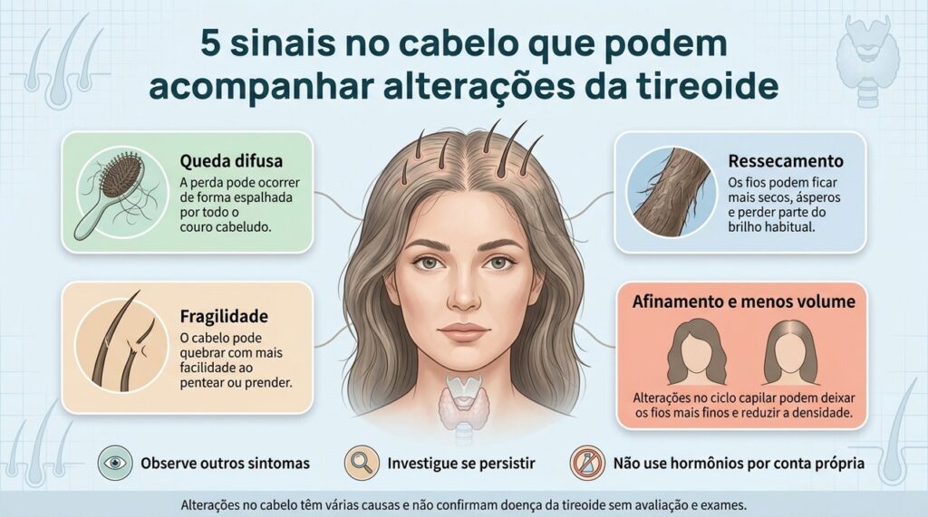 Mudanças persistentes no cabelo ganham mais importância quando aparecem junto com outros sinais compatíveis com alterações da tireoide.