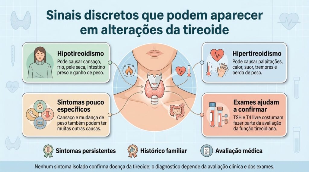 Os sintomas da tireoide podem ser discretos, e exames como TSH e T4 livre ajudam a esclarecer a causa.