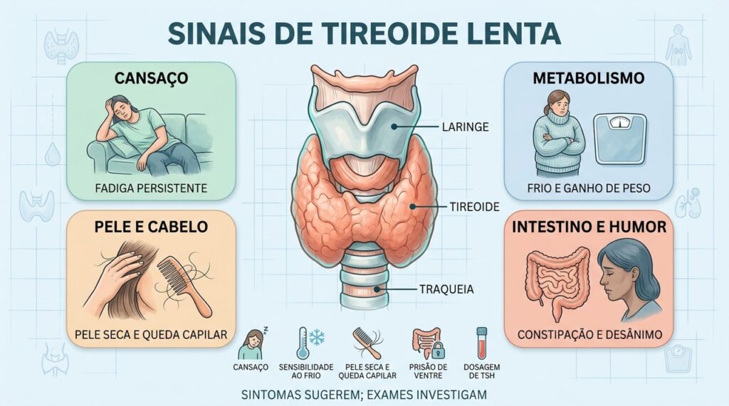 Hipotireoidismo pode afetar energia, pele, peso e intestino; o TSH ajuda na investigação.