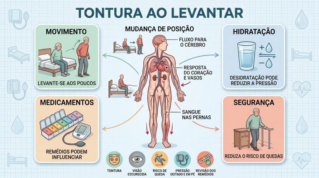 Posição, hidratação, medicamentos e adaptação circulatória podem influenciar a tontura ao levantar.