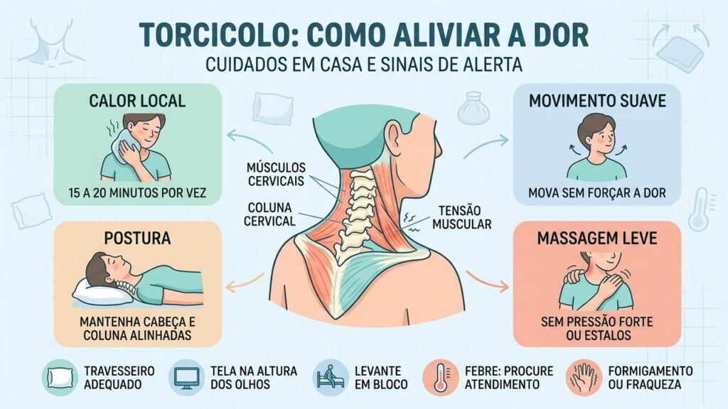 Calor, movimento suave, postura adequada e massagem delicada podem ajudar no cuidado do torcicolo.