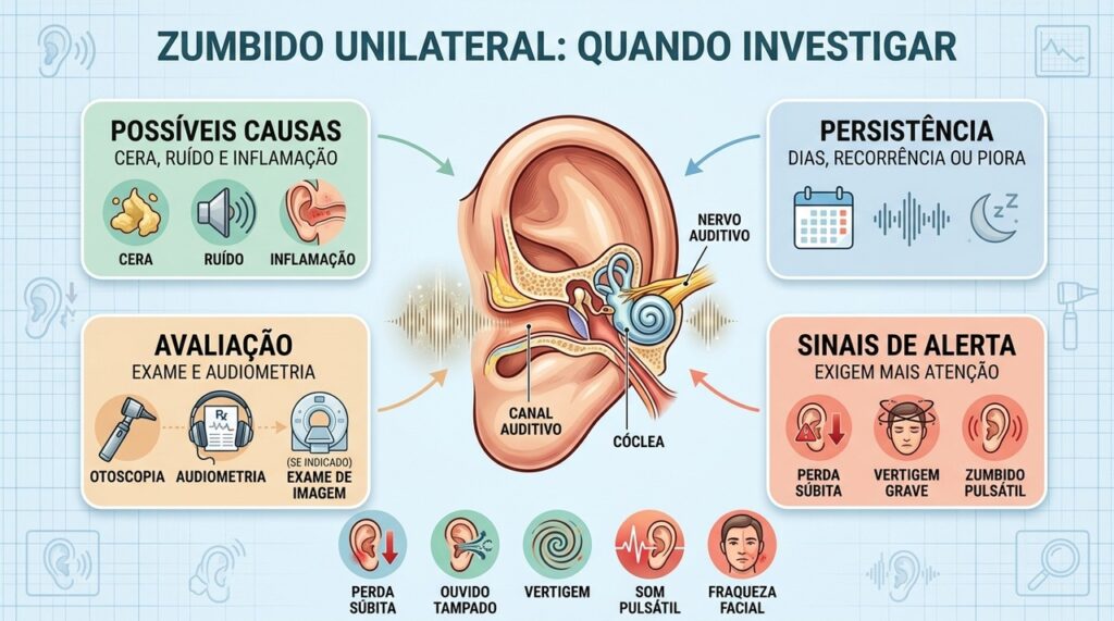 Persistência, perda auditiva, vertigem e pulsação ajudam a orientar a investigação médica.
