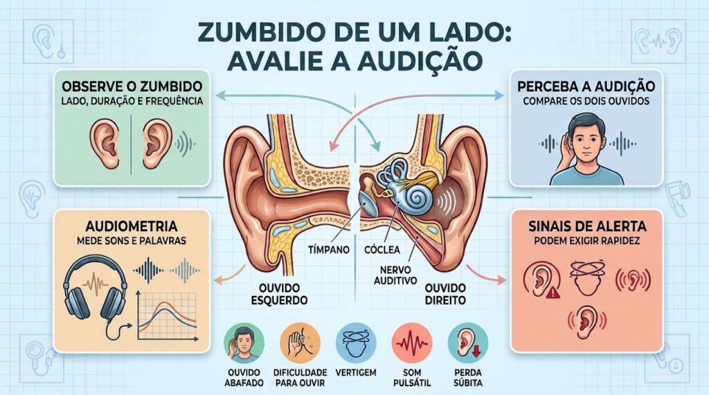 Lado, persistência, audiometria e sinais associados orientam a investigação do zumbido unilateral.